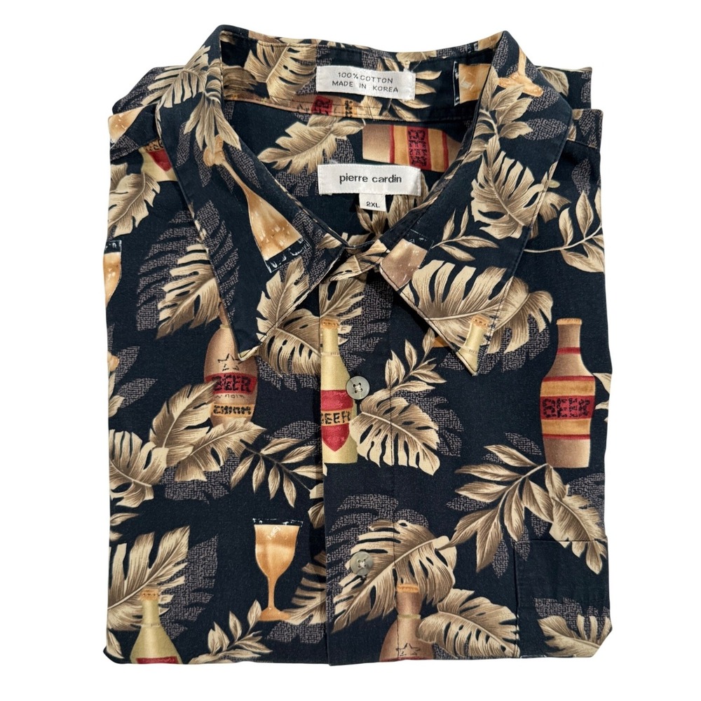Vintage Pierre Cardin Mens 2XL Tropical Beer Cocktail Print Hawaiian Shirt M148